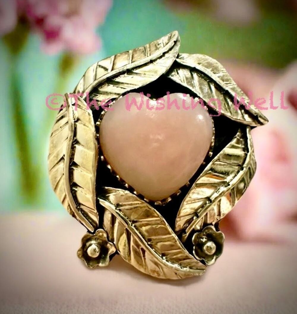 Pink Opal Heart Leaf Feather Motif Sterling Ring Size 7,8 or 9